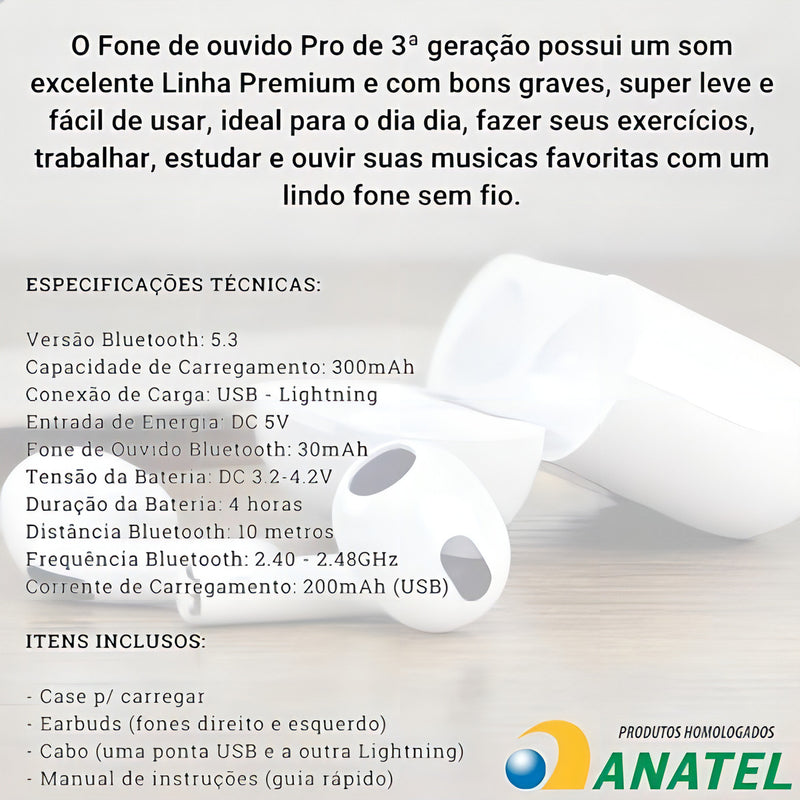 Fone Bluetooth 3°geração Para iPhone XR 11 12 13 14 15 Cor Branco