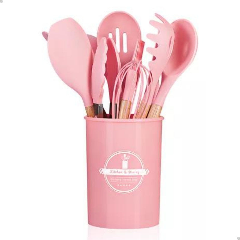 Kit Completo 12 Utensílios De Cozinha Silicone Cabo Madeira Alta Resistência Antiaderente Durável Design Moderno Ideal Para Cozinhar e Servir Com Segurança Ponte Lar Utilidades