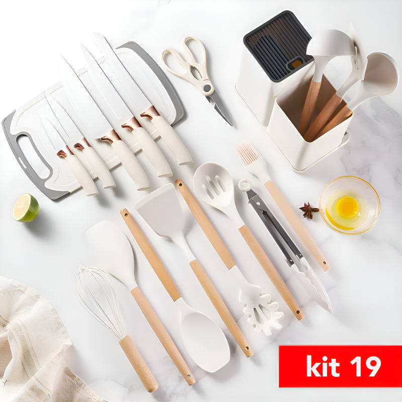 Kit Conjunto 19 Pçs De Utensílios Facas Silicone E Plástico
