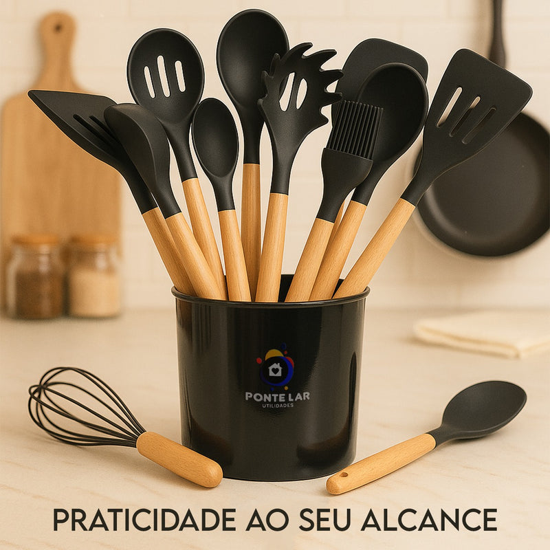 Kit Completo 12 Utensílios De Cozinha Silicone Cabo Madeira Alta Resistência Antiaderente Durável Design Moderno Ideal Para Cozinhar e Servir Com Segurança Ponte Lar Utilidades