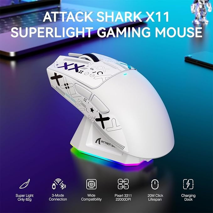 Mouse Gamer Attack Shark X11 Branco 22000 Dpi Usb Bluetooth Branco