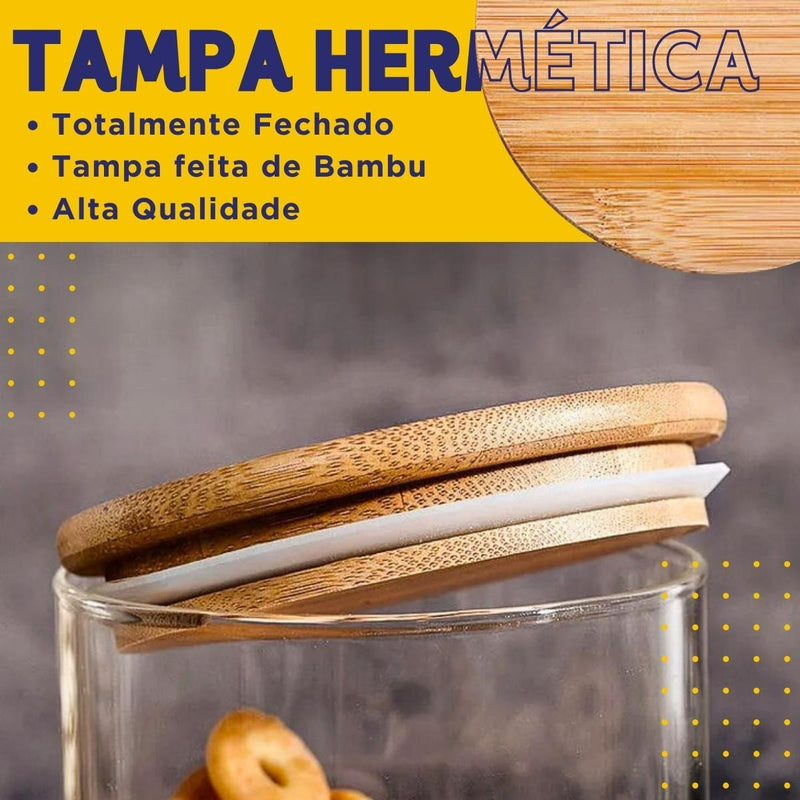 Kit 5 Potes de Vidro Herméticos com Tampa de Bambu para Mantimentos, Grãos, Café, Massas e Cereais - NYBC