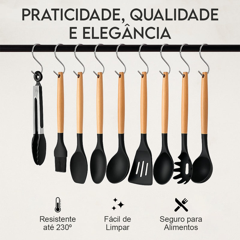Kit Completo 12 Utensílios De Cozinha Silicone Cabo Madeira Alta Resistência Antiaderente Durável Design Moderno Ideal Para Cozinhar e Servir Com Segurança Ponte Lar Utilidades