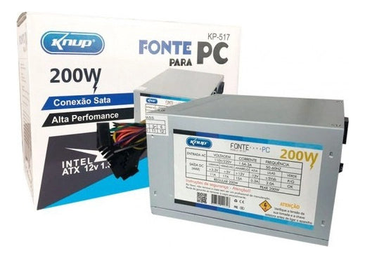 Fonte Pc Atx 200W Reais Real Silenciosa com Cabo de Força Nova Knup KP-517 Cinza
