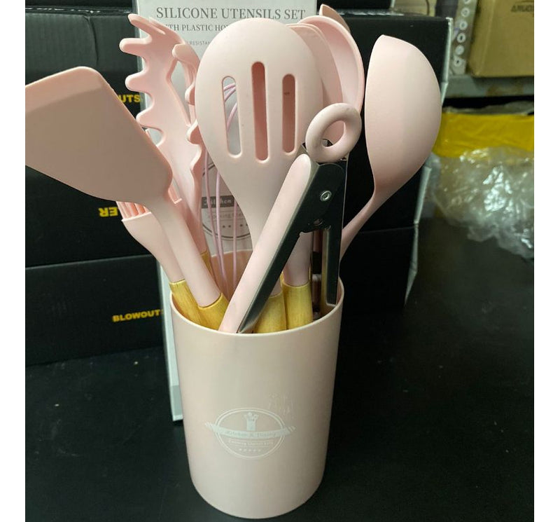 Kit Completo 12 Utensílios De Cozinha Silicone Cabo Madeira Alta Resistência Antiaderente Durável Design Moderno Ideal Para Cozinhar e Servir Com Segurança Ponte Lar Utilidades