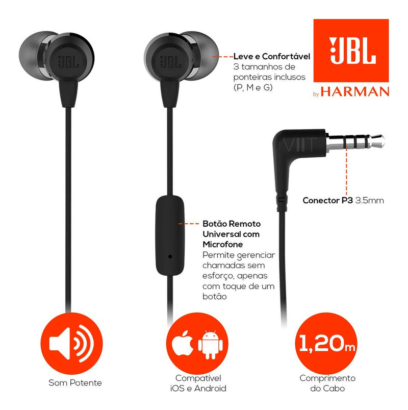Fones de Ouvido com Microfone e Fio JBL C50HI Cor Preto