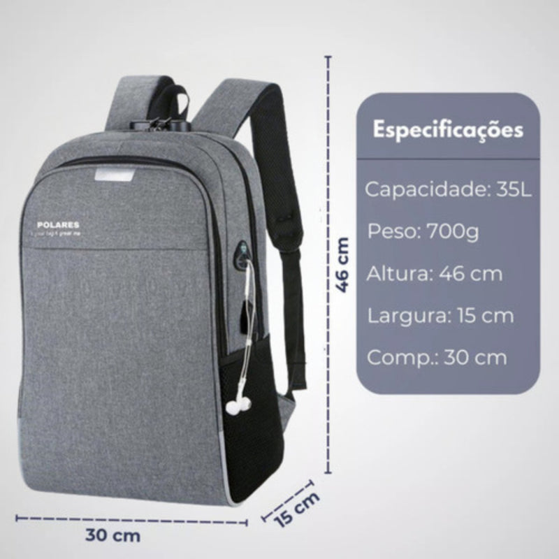 Mochila Anti Furto Polares Notebook Saída Cabo Aux Usb E Fone Ouvido Cor Preto