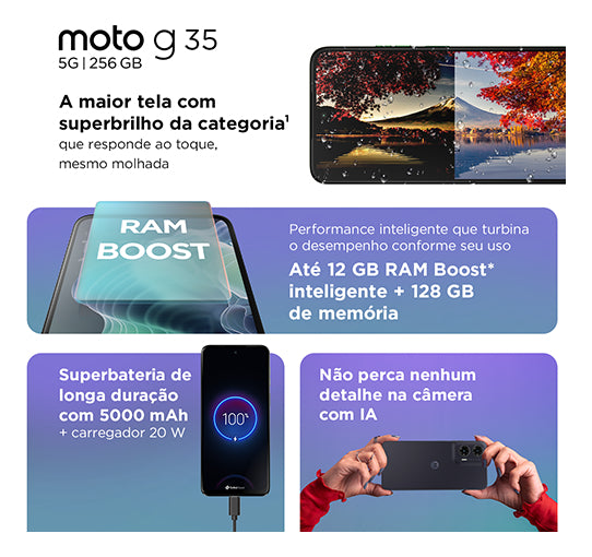 Smartphone Motorola Moto G35 5g - 128gb 12gb (4gb Ram+8gb Ram Boost) E Camera 50mp Com Ai Nfc Tela 6.7 Com Superbrilho - Grafite - Vegan Leather