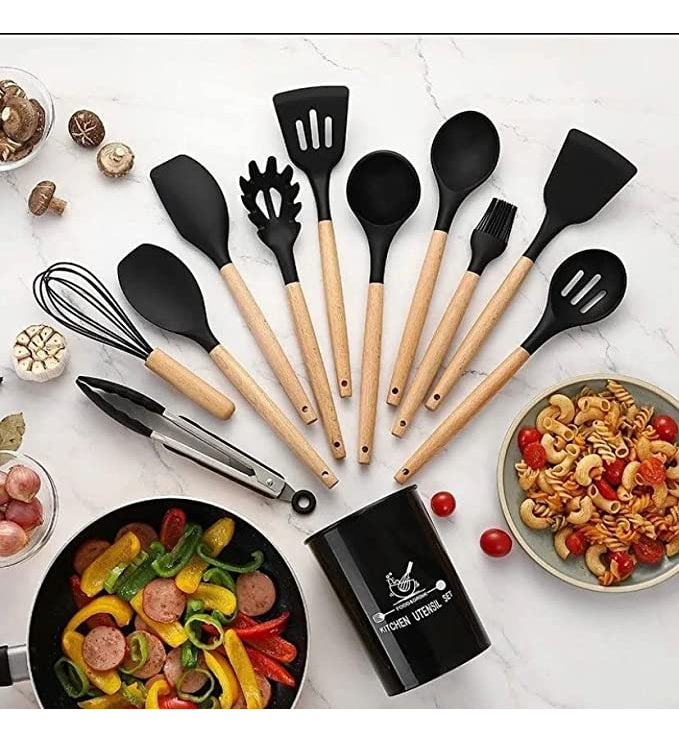 Kit Completo 12 Utensílios De Cozinha Silicone Cabo Madeira Alta Resistência Antiaderente Durável Design Moderno Ideal Para Cozinhar e Servir Com Segurança Ponte Lar Utilidades