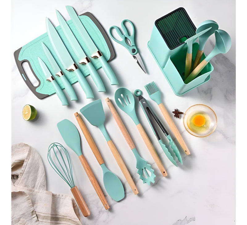 Kit Conjunto 19 Pçs De Utensílios Facas Silicone E Plástico