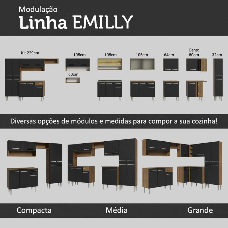 Armário de cozinha modulada completa compacta Emilly pop com armário e balcão cor rustic/preto GREM229002