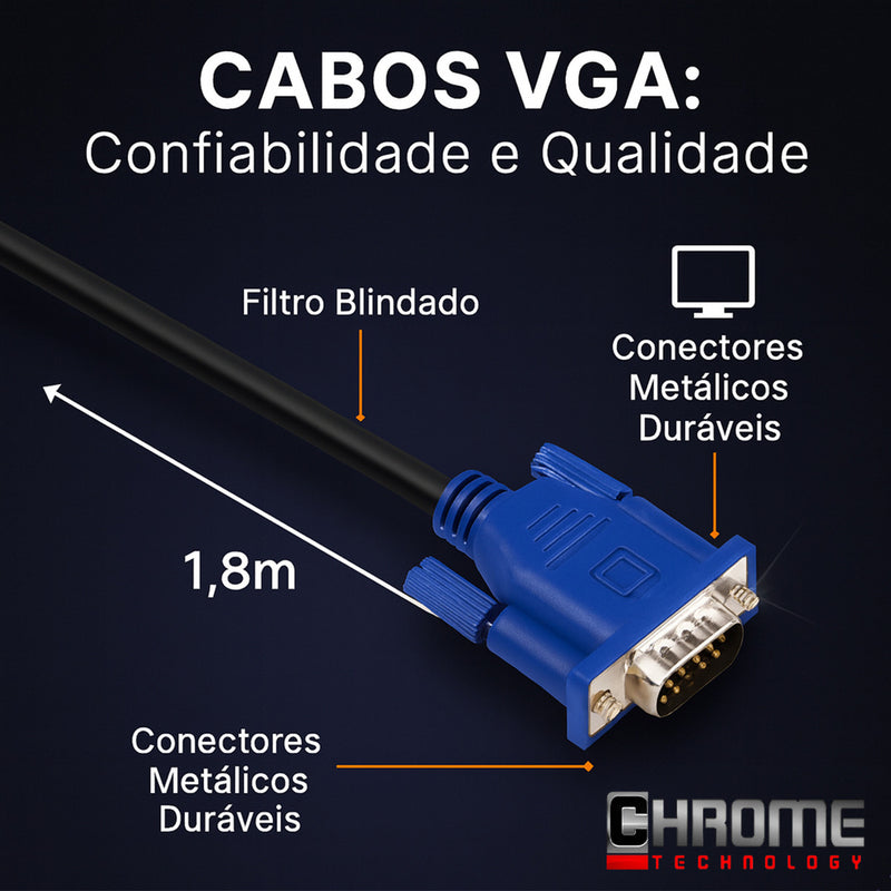 Cabo Vga 5 Metros Blindado Projetor Tv Lcd Monitor Pc Db15 Plug And Play Marca Chrome Technology