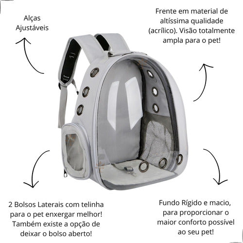 Mochila Para Carregar Gatos Com Capsula Bolha Transparente Cor Cinza