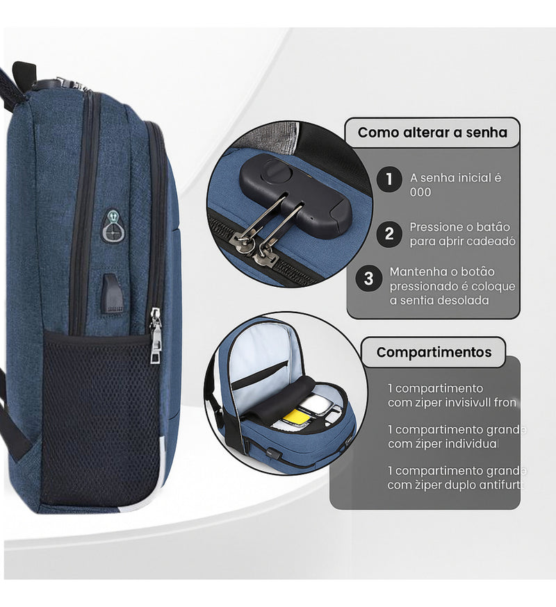 Mochila Anti Furto Polares Notebook Saída Cabo Aux Usb E Fone Ouvido Cor Preto