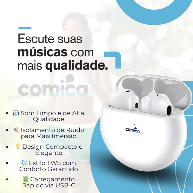 Fone De Ouvido Bluetooth Portátil Comica Sem Fio Compatível Todos Celulares Confortável Tws Recarregável Cor Branco