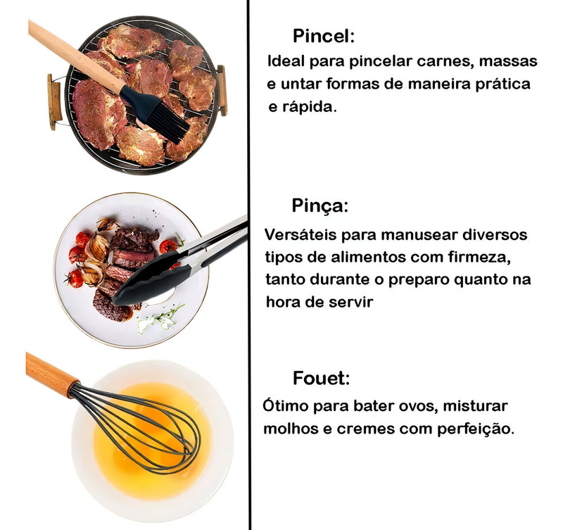 Kit Completo 12 Utensílios De Cozinha Silicone Cabo Madeira Alta Resistência Antiaderente Durável Design Moderno Ideal Para Cozinhar e Servir Com Segurança Ponte Lar Utilidades