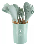 Kit Completo 12 Utensílios De Cozinha Silicone Cabo Madeira Alta Resistência Antiaderente Durável Design Moderno Ideal Para Cozinhar e Servir Com Segurança Ponte Lar Utilidades