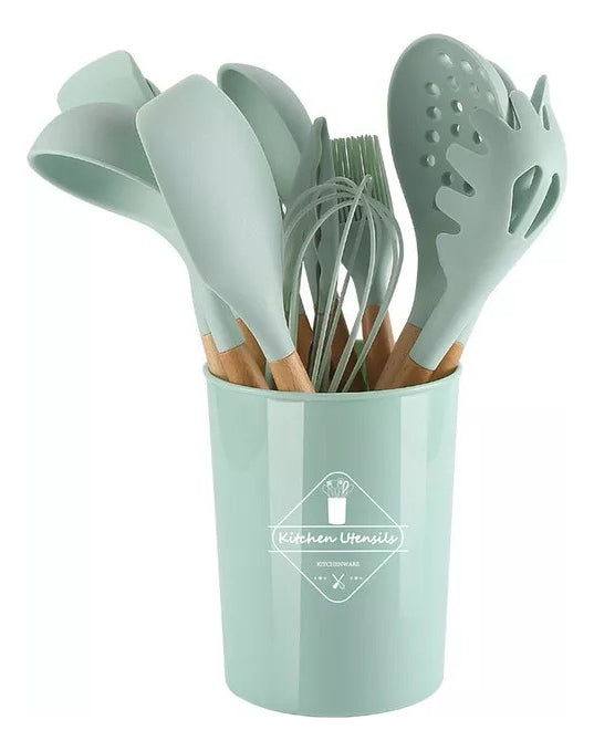 Kit Completo 12 Utensílios De Cozinha Silicone Cabo Madeira Alta Resistência Antiaderente Durável Design Moderno Ideal Para Cozinhar e Servir Com Segurança Ponte Lar Utilidades