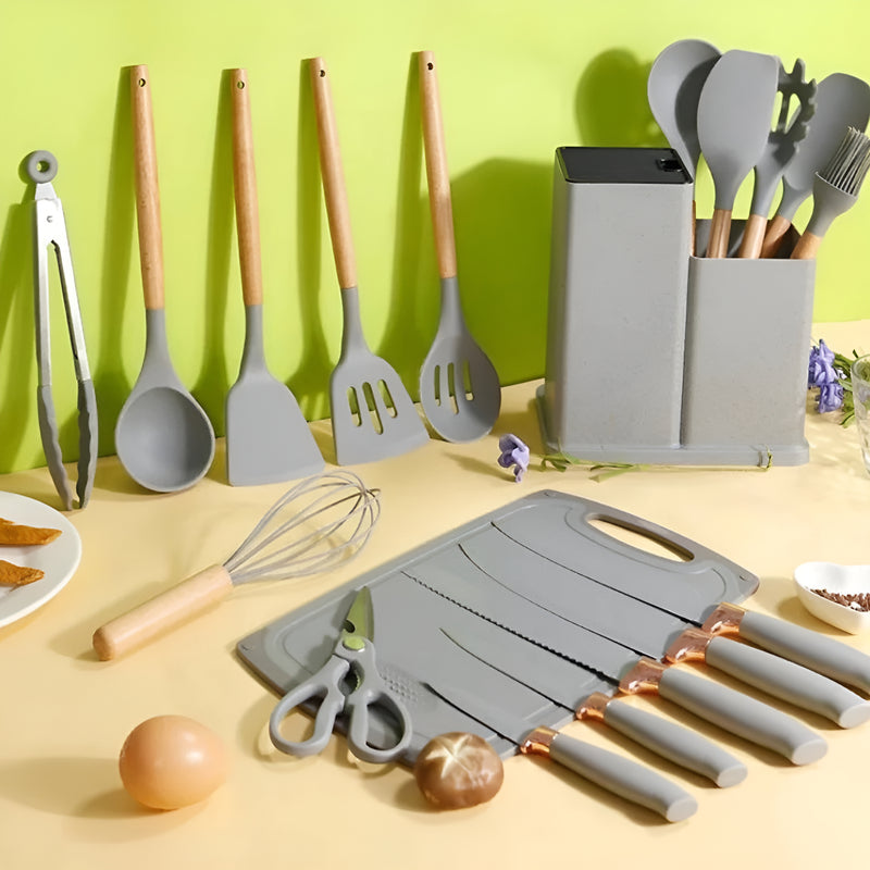 Kit Conjunto 19 Pçs De Utensílios Facas Silicone E Plástico