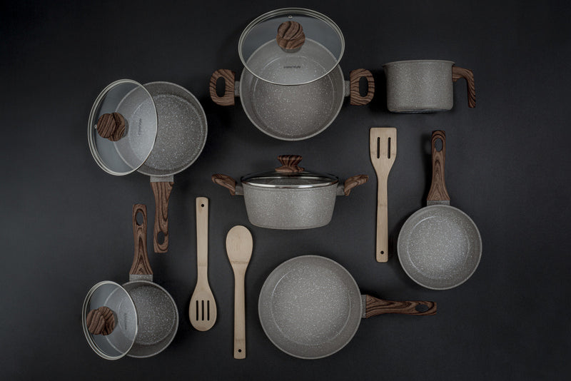 Jogo de panelas de cozinha Mimo Style Cook Fundo de Tripla Indução com 10 peças de alumínio marmol vanila