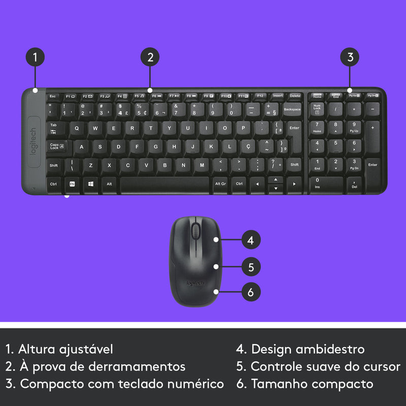 Combo Teclado e Mouse sem fio Logitech MK220 Layout ABNT2