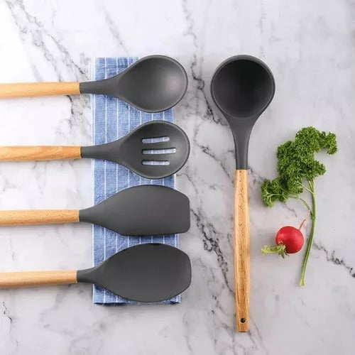 Kit Completo 12 Utensílios De Cozinha Silicone Cabo Madeira Alta Resistência Antiaderente Durável Design Moderno Ideal Para Cozinhar e Servir Com Segurança Ponte Lar Utilidades