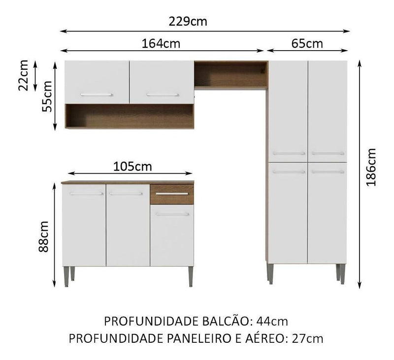 Armário de cozinha modulada completa compacta Emilly pop com armário e balcão cor rustic/preto GREM229002