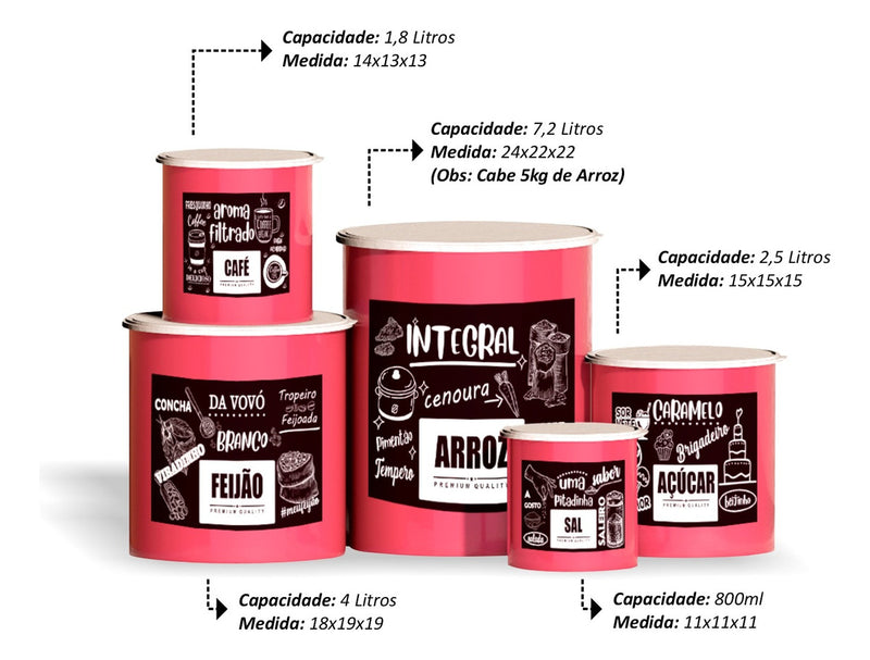 Kit 5 Potes De Mantimentos Plástico Decorado Preto Frases