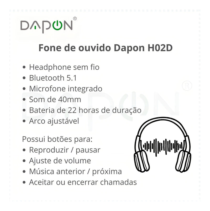Fone De Ouvido Headphone Dapon H02d Bluetooth 5.1 Com Microfone Cor Preto