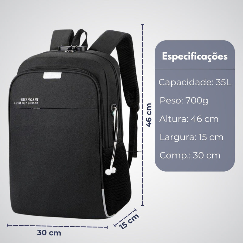 Mochila Anti Furto Polares Notebook Saída Cabo Aux Usb E Fone Ouvido Cor Preto