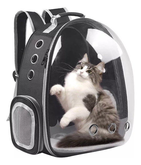 Mochila Para Carregar Gatos Com Capsula Bolha Transparente Cor Cinza