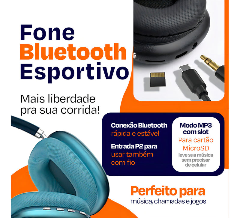 Fone De Ouvido Bluetooth Over-ear Recarregável Sem Fio P9 Air Max Altuspro Com Microfone Regulável Para Academia Esportes Corrida Lazer Cor Preto