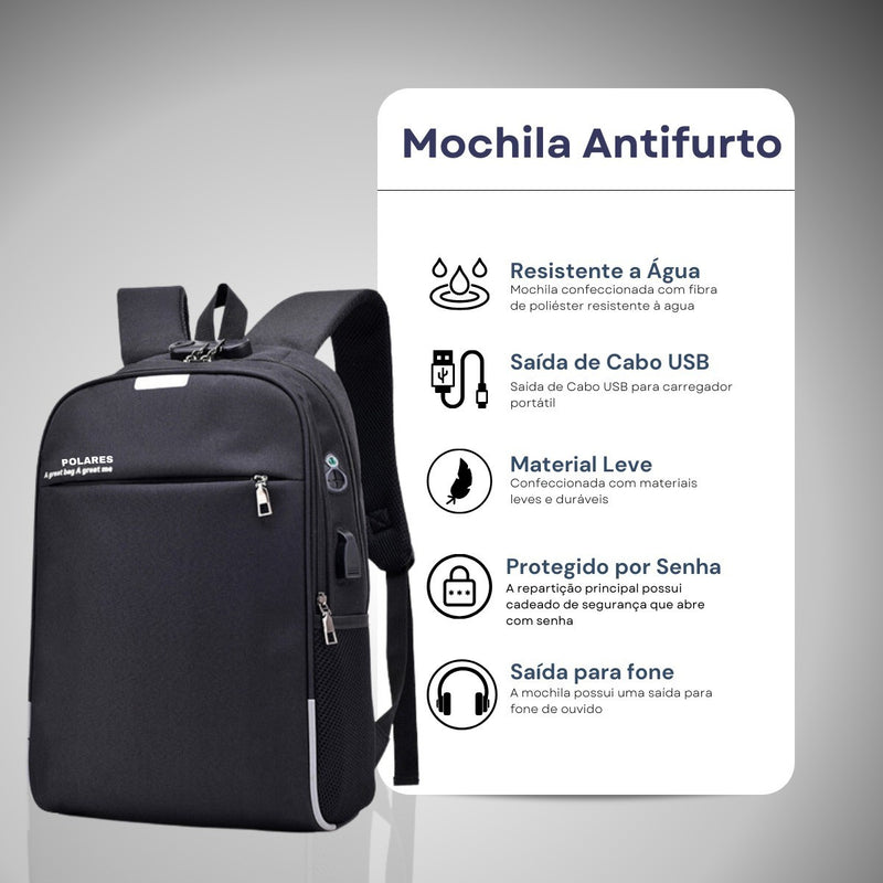 Mochila Anti Furto Polares Notebook Saída Cabo Aux Usb E Fone Ouvido Cor Preto