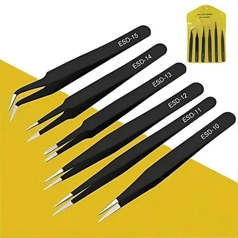 Kit 6 Pinças Precisão Preta Antiestática Aço Inoxidável VBS Brasil Para Eletrônica Celular Artesanato Manutenção Circuito Placa Relógio Profissional