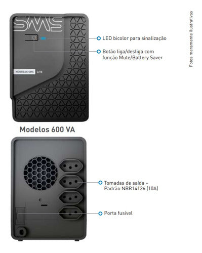 Nobreak Sms Lite 600va 29202 Entrada Bivolt E Saída 115v Cor Preto