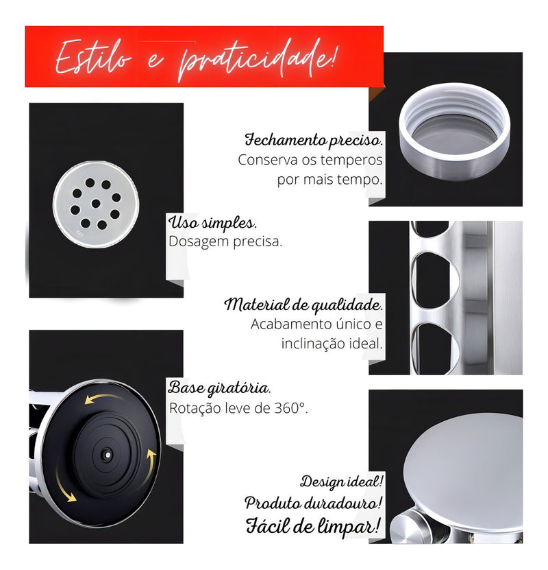 Porta Tempero Condimento 16 Potes Redondo + Etiqueta Cor Prateado