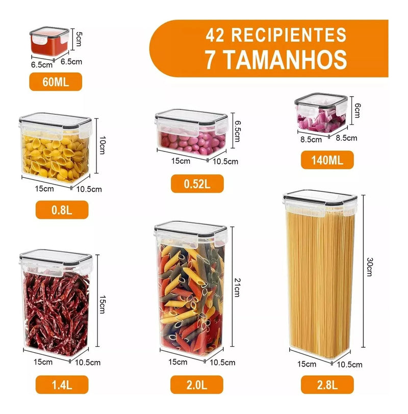 Kit 42 Potes Herméticos Mantimentos Plásticos Com Tampa