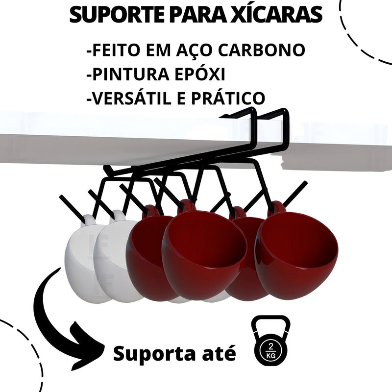 Suporte Xícaras Suspenso 8 Ganchos Armário Prateleira Aço Cor Preto