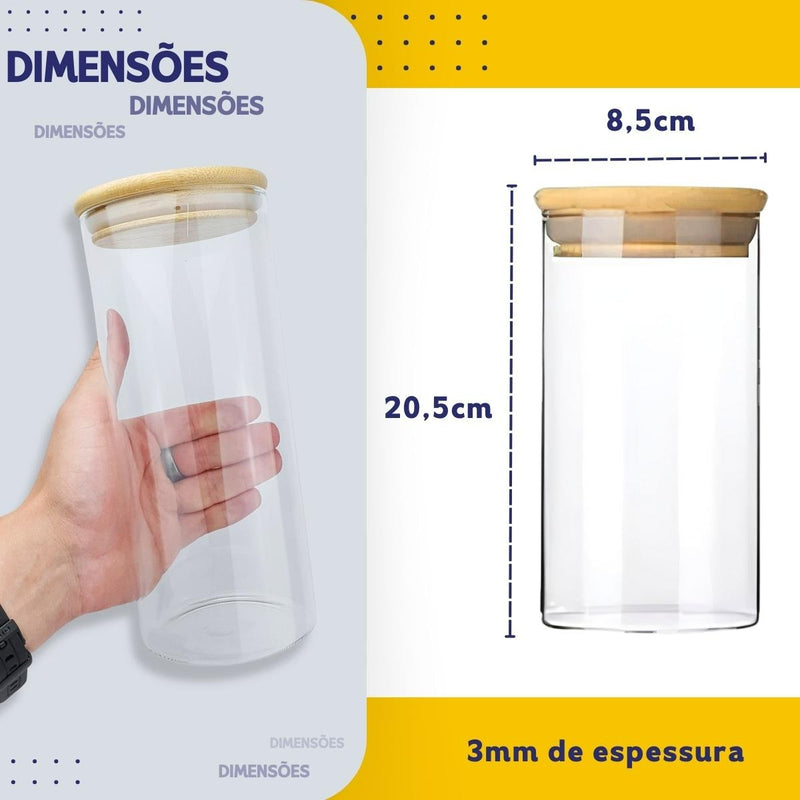 Kit 5 Potes de Vidro Herméticos com Tampa de Bambu para Mantimentos, Grãos, Café, Massas e Cereais - NYBC