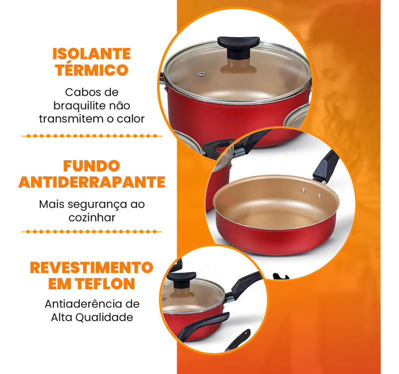 Conjunto Panelas Antiaderente 10 Peças Teflon Várias Cores