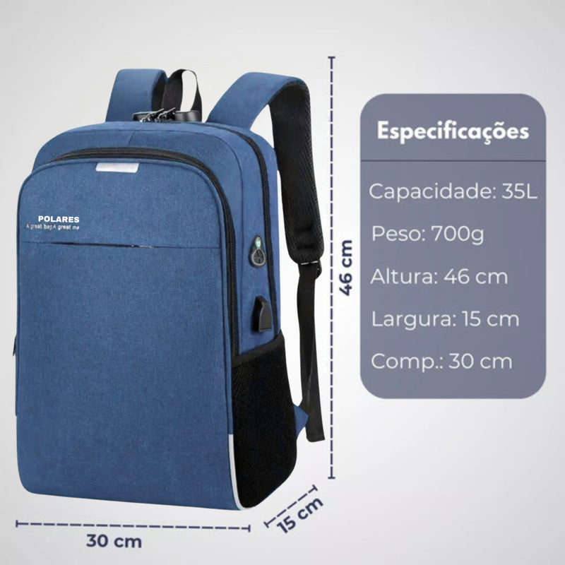 Mochila Anti Furto Polares Notebook Saída Cabo Aux Usb E Fone Ouvido Cor Preto