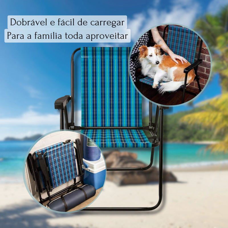 Cadeira De Praia Aço Xadrez Retro Jardim Piscina Camping