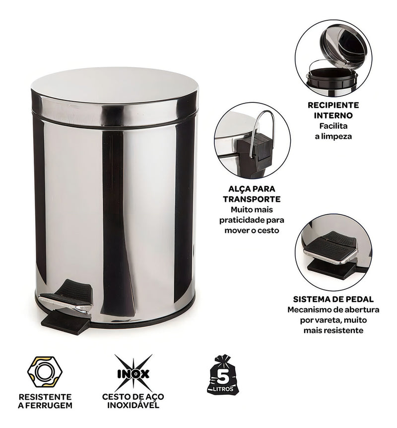 Lixeira Inox 5L com Pedal - Compacta, Higiênica e Resistente para Banheiro e Cozinha | Organize Seu Espaço.