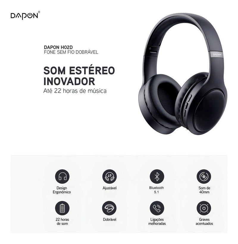 Fone De Ouvido Headphone Dapon H02d Bluetooth 5.1 Com Microfone Cor Preto
