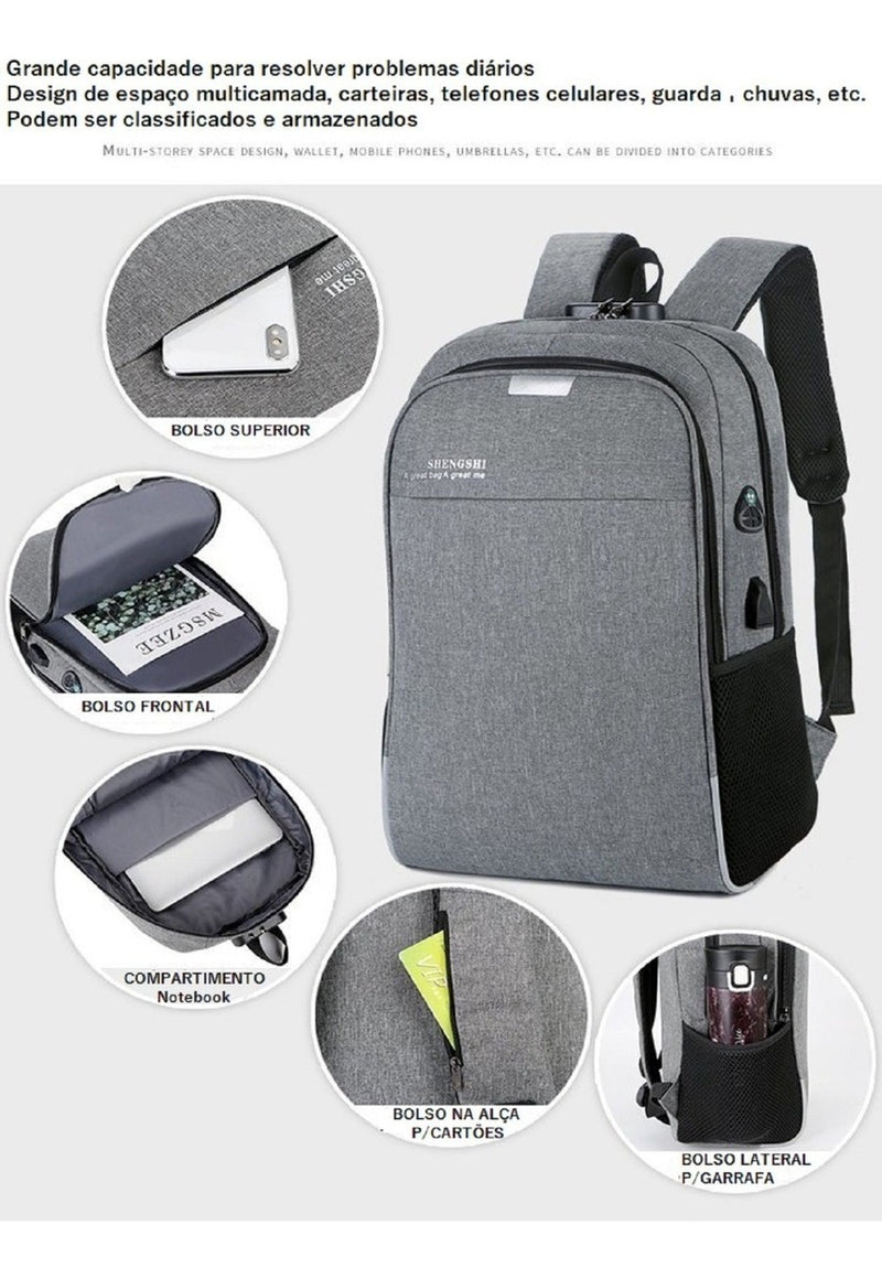 Mochila Anti Furto Polares Notebook Saída Cabo Aux Usb E Fone Ouvido Cor Preto