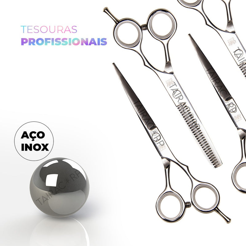 Kit 3 Tesouras Profissionais Fio Laser Navalha E Desfiadeira Cor Cromado Obopekal