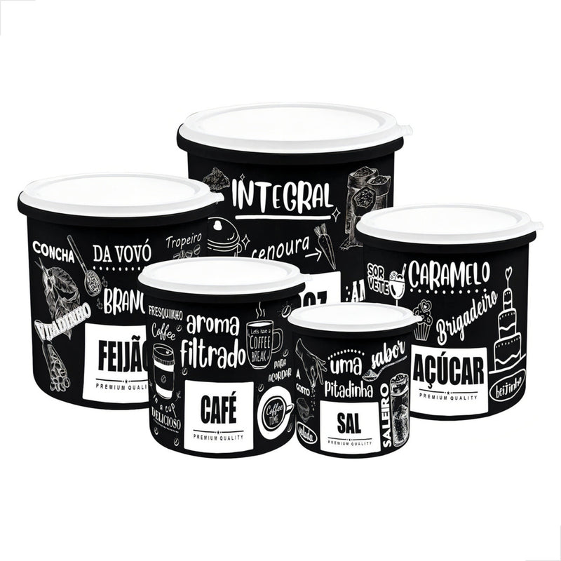 Kit 5 Potes De Mantimentos Plástico Decorado Preto Frases