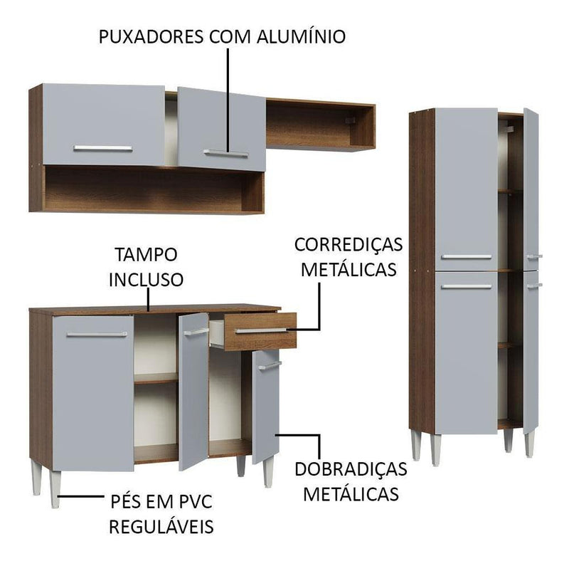 Armário de cozinha modulada completa compacta Emilly pop com armário e balcão cor rustic/preto GREM229002