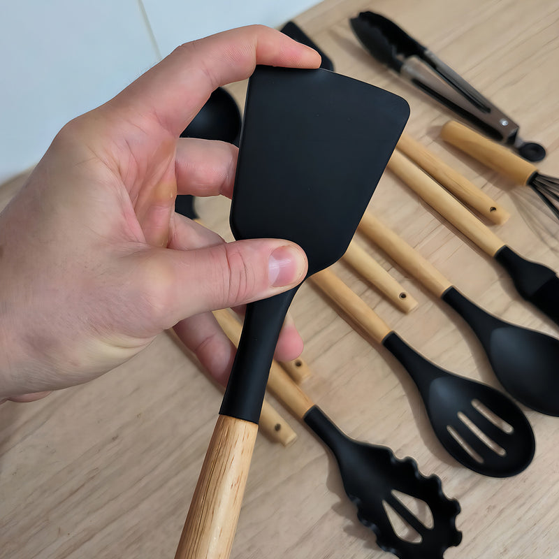 Kit Completo 12 Utensílios De Cozinha Silicone Cabo Madeira Alta Resistência Antiaderente Durável Design Moderno Ideal Para Cozinhar e Servir Com Segurança Ponte Lar Utilidades