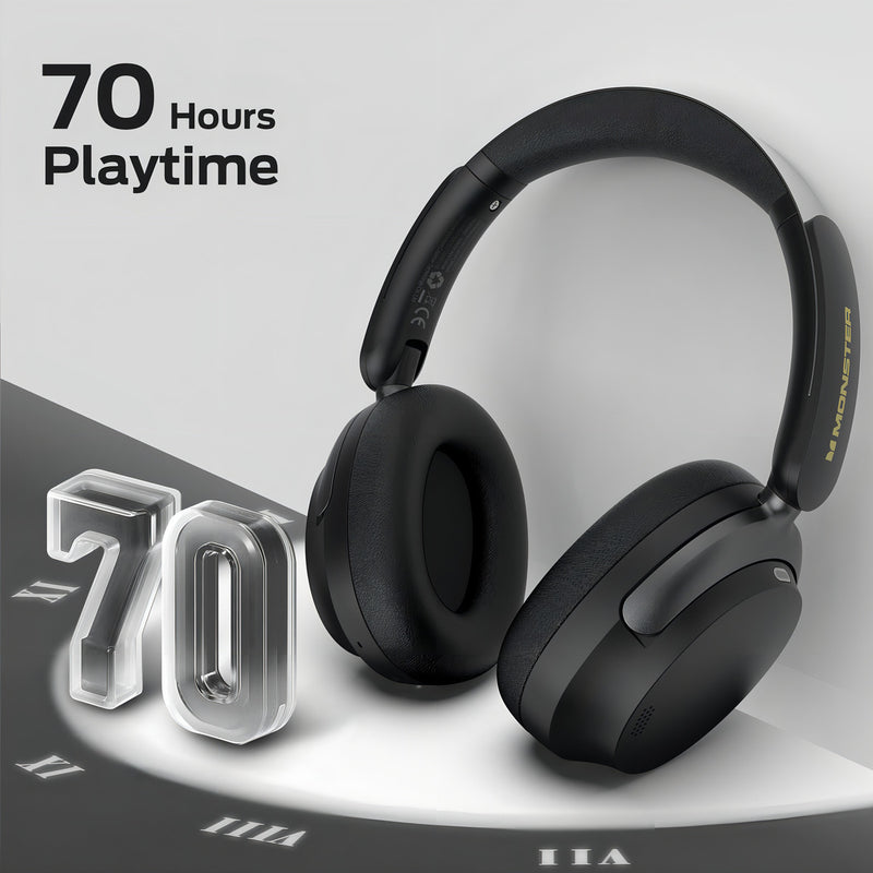 Fones de ouvido sem fio para jogos com cancelamento de ruído ativo e microfone Bluetooth 5.4, 70 horas de duração da bateria, design dobrável, leve e confortável, ideal para viagens. Monster E87 Black